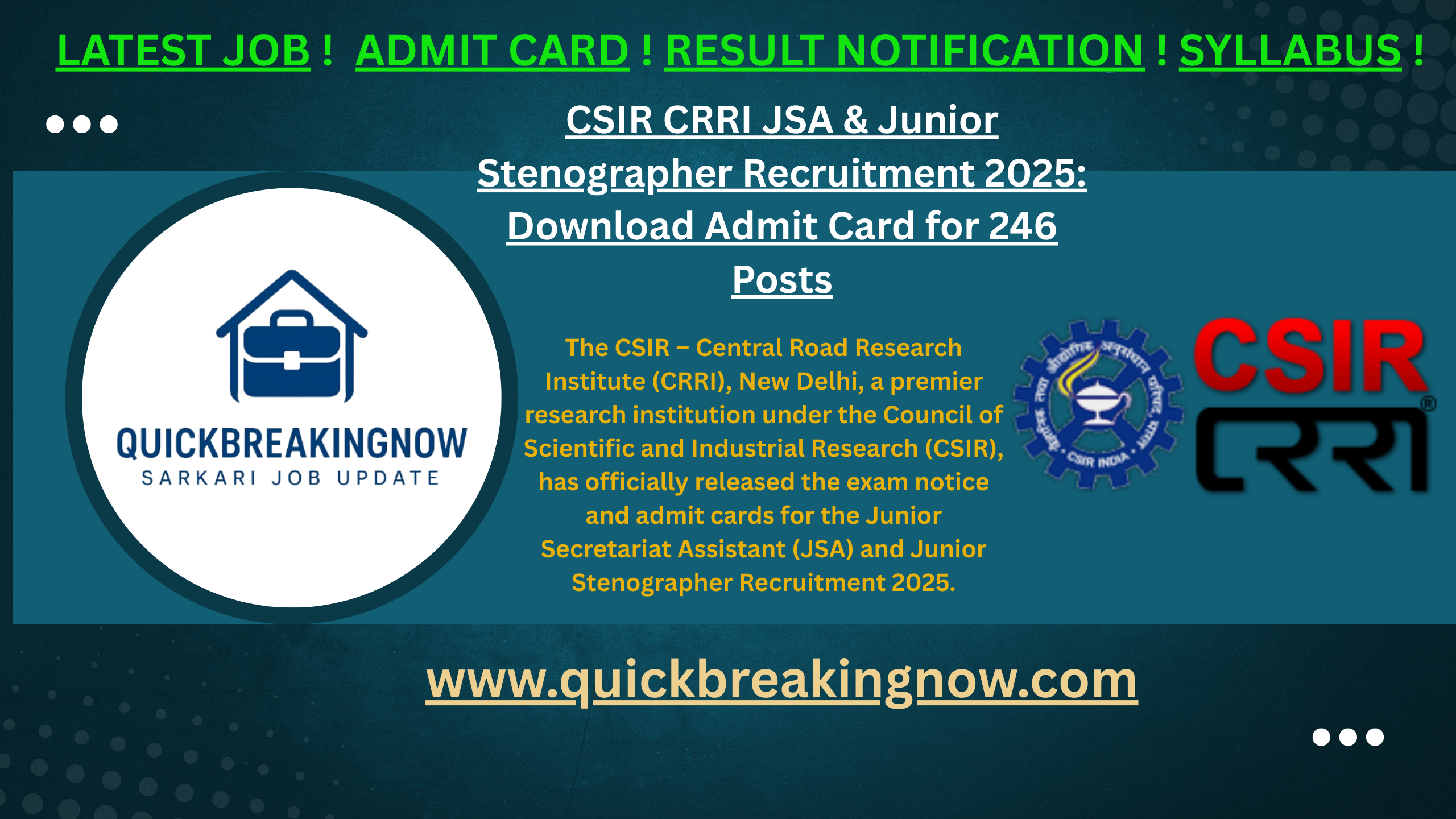 CSIR CRRI JSA & Junior Stenographer Recruitment 2025: Download Admit Card for 246 Posts
